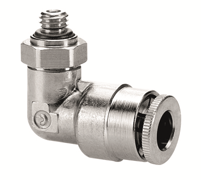Tube connector M5 male for tube o&amp;#216; 6 mm 90&amp;#176; - rotary type  (brass nickel-plated)