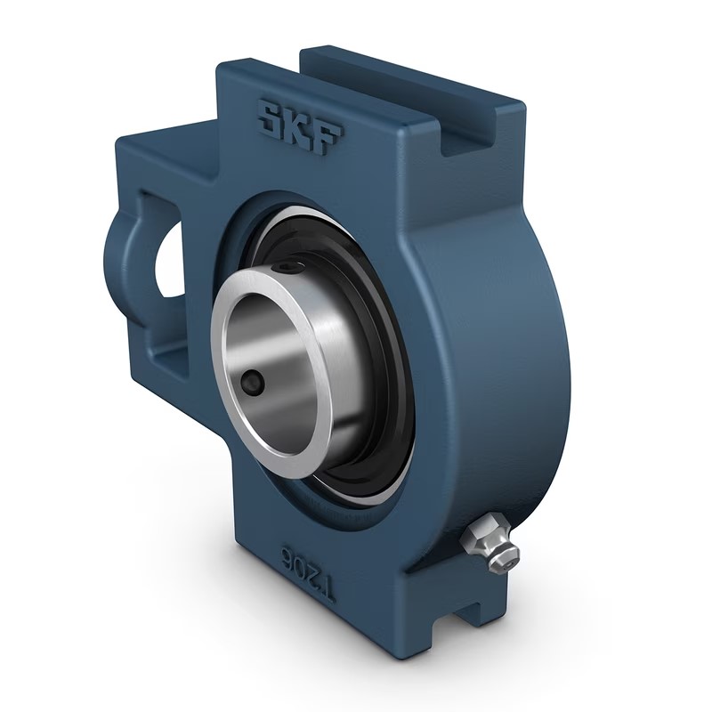 SKF-Take-up cast iron unit with insert ball bearing, set screw locking and extended inner ring, ISO
